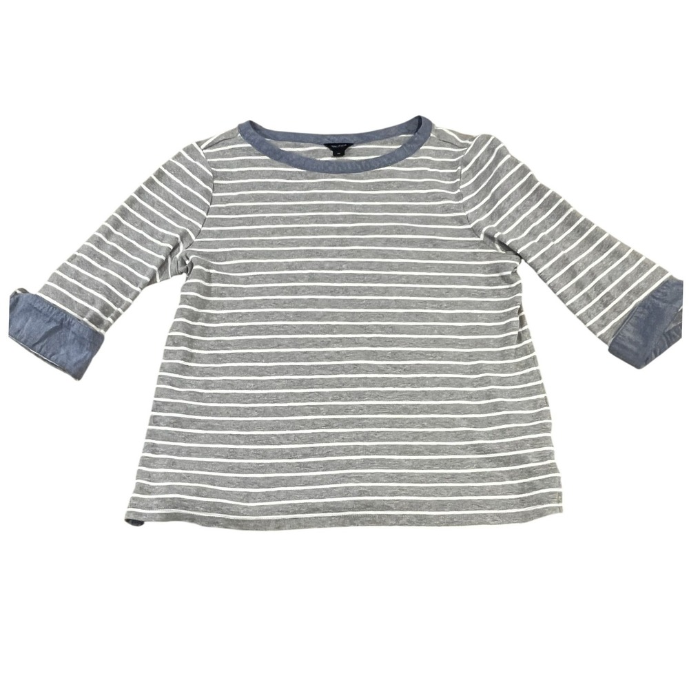 Nautica Fisherman Striped Boat Neck 3/4 Sleeve XL Gray&White Stripes Preppy Size